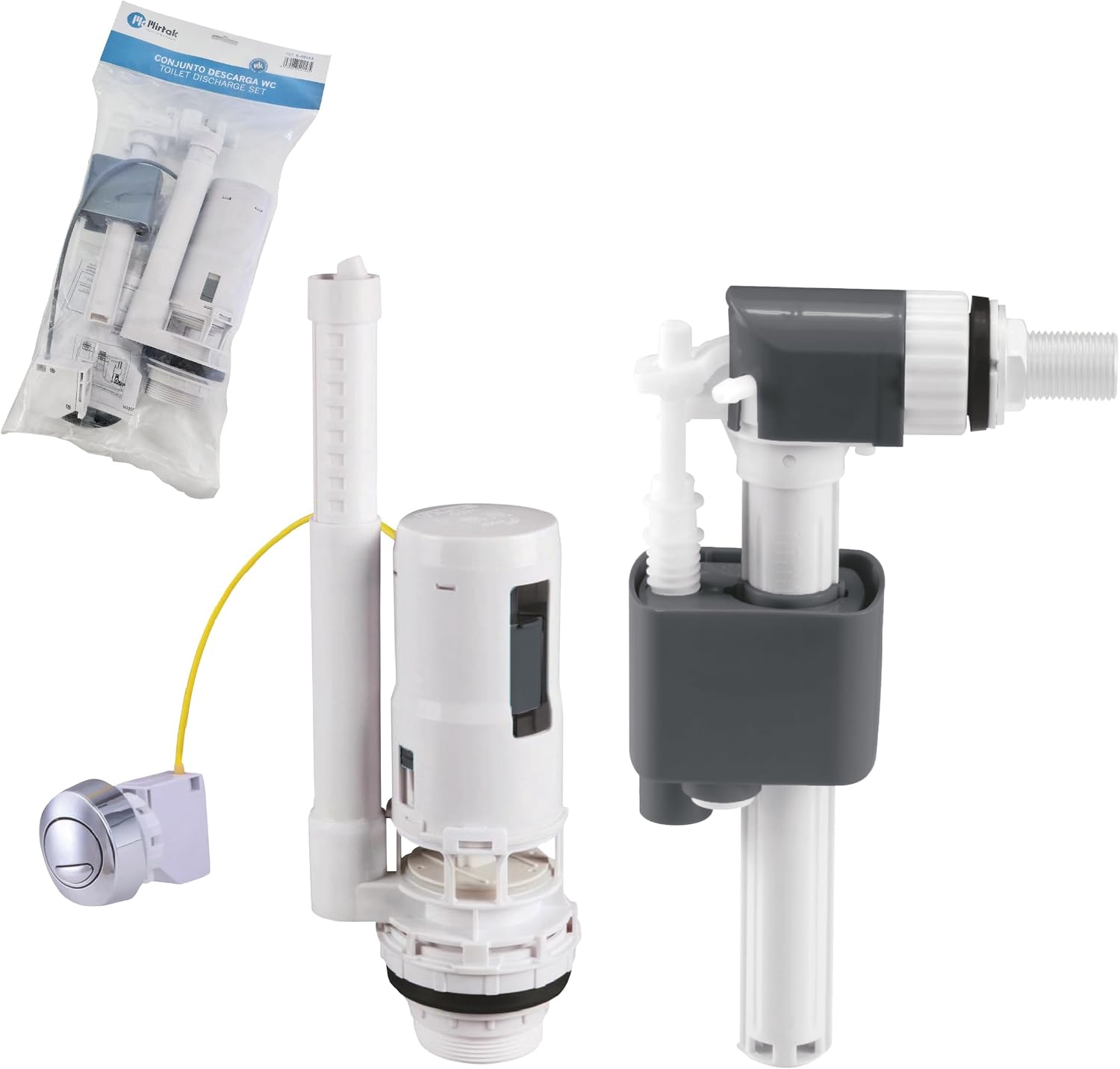 HOMSSY Kit Cisterna WC Completo – Mecanismo Descarga Doble Pulsador con Cable + Flotador Lateral 3/8", Válvula Llenado y Descarga Universal, Instalación Fácil, Ahorro de Agua
