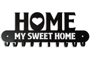AVASEE Appendichiavi da parete in metallo con scritta intagliata “Home My Sweet Home” Portachiavi e appendiabiti a parete nero satinato Arredo vintage per ingresso,cucina,etc.10 ganci (Nero satinato)