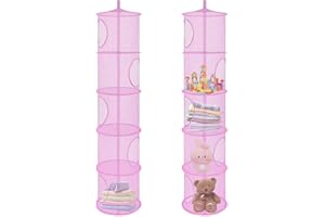 DOGMOON Hängeaufbewahrung, 2 Stück Faltbare Hängeaufbewahrung Organizer, 5 Fächer Hängeregal Mesh Hängende Netz-Aufbewahrungstasche, Kuscheltier Aufbewahrung Hängend Korb für Kinderzimmer Balkon(Rosa)