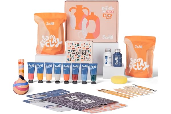 Sculpd │ Kit de poterie │ Kit d'initiation à l'argile autodurcissante pour les débutants, avec vernis brillant, peinture, jeu d'outils, pinceaux, éponge et guide pas à pas