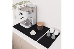BLESWIN Large Coffee Machines Silicone Mat Waterproof Pad With Detachable Dish Drying Mat,Non-Slip Raised Edges Design,40 * 60 Foldable Coffee Machine Mat for Kitchen Counter,Black