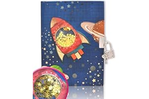 Journal Intime pour Garçons avec Cadenas pour Cadeau pour Enfants, Journal àPaillettes Secouables de Vaisseau Spatial 17,8x13cm 160 Pages Lignées avec Cadenas Secret pour 6, 7, 8, 9, 10, 11, 12 Ans