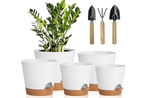 IDEALIFE Macetas para Flores Juego de 5, 17.8/16.5/15.2/13.9/12.7cm macetas de Auto-riego, Maceteros Decorativos Interior con Agujeros de Drenaje, Macetas De Flor para Interior para DecoracióN(Marrón Blanco)