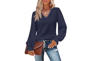 Flikity Classy Tops for Women Lace V Neck Ladies Tops Puff Long Sleeve Eyelet Tops Dressy Casual Outfits Work Clothes Women's Blouses and Shirts