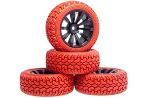 KINGCOO RC Set di pneumatici e ruote per auto, 4 pneumatici in gomma da 75 mm e ruote in plastica, 10 raggi per 1/10 RC su strada Racing 1/16 RC Rally Auto per Traxxas Kyosho Tamiya HSP HPI (rosso +