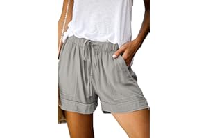HVEPUO Short d'été, large, pour femmes, en coton et lin, avec ceinture élastique