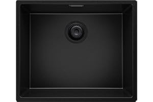 PRIMAGRAN Fregadero bajo Encimera Todo Negro 56x47cm, Cocina 1 Seno + Sifón, Granito al mueble 60cm - London S178