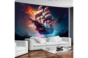 Arsey Tapisserie murale avec motif bateau pirate, mer, paysage, océan, voilier, tapis psychédélique, décoration pour chambre à coucher, salon, fête, extra grande, 300 x 180 cm