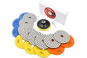 BRSCHNITT Dry Diamond Polishing Pads Set 4 Inch Grit 50x3/100x3/200x2 - Dry Polish Pad Kit 8pcs for Granite Marble Concrete Quartz Marble Floor Polishing Plus a M14 Plastic Backer and Adapter