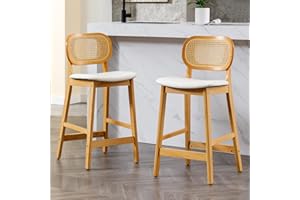 chairus Set of 2 Bar stools PU Leather Breakfast Stools for Kitchen Counter with Rattan Backrest Solid Wood Island Bar Chairs (White-2)