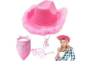 WINNSELL Cowboy Hat Women, Felt Fluffy Feather Trim Cowgirl Hat,Wide Brim Fancy Dress Cowgirl Hats with Heart Glasses Bandana Scarf for Halloween Birthday Bachelorette Party