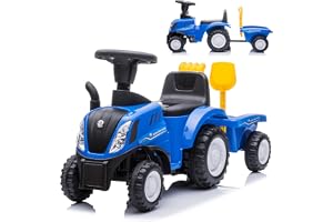 Twinly Farmy 1 års babyvagn, traktor med släpvagn, blå | Med spade och kratta, ljus och horn; säte med förvaring och breda hjul för spel inomhus och utomhus, upp till 25 kg