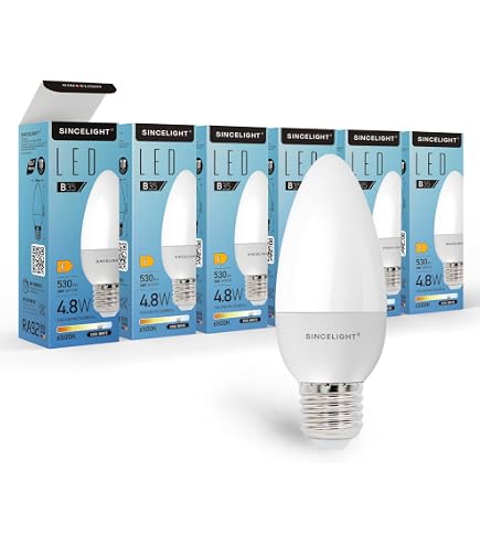 SINCELIGHT Lampadina LED a candela, E27, forma B35, con diffusore lattiginoso, 5 Watt, bianco freddo 6500 K e RA≈92, alta resa cromatica, 500 lumen