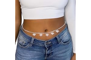 Carufin Star Ciondolo Catena in vita Argento Cristallo Cuore Catena per il corpo Bikini sexy Cintura a catena per pancia Gioielli da spiaggia estivi Regolabili per donne e ragazze