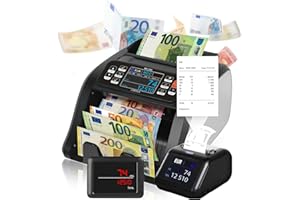Jubula MV-300 Contador de Billetes de Denominación Mixta | Maquinas Contar Billetes Mixtos con 8 Veces Reconocimiento de Billetes Falsos | Preciso| EUR USD GBP | Contador de Dinero (MV-300+Printer)