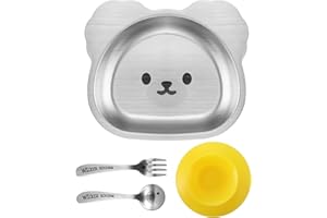 Huiguli 304 piatti per bambini in acciaio inox con ventosa in silicone, piatto in acciaio inox, vassoi per la cena con cucchiaio e forchetta, set di stoviglie sicuro durevole e antiscivolo per bambini