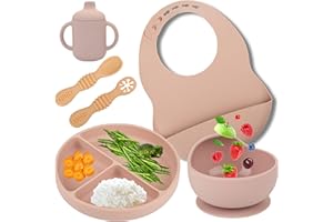 HappyDoo - Vajilla Bebe - Incluye Plato Bebe Ventosa + 2 Cucharas Bebe Aprendizaje + Taza Aprendizaje + Cuenco Silicona Bebe + Babero Silicona - Libre BPA - Platos Bebe con Ventosa - Precucharas Bebe