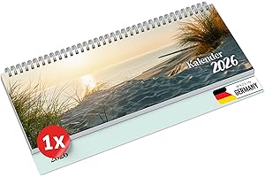 ‎PRIMUS-PRINT.DE PRIMUS PRINT Tischkalender 2026 Quer Wochenkalender – 112 Seiten Terminkalender und Jahreskalender – 297x130mm – 75g Naturpapier, Drahtkammbindung, Feiertage und Schulferien - [Einzeln - Sandstrand]
