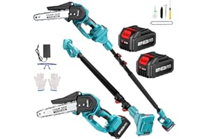 2 in 1 Seesii Mini Motosierra con Batería de 8000mAh, 8 Pulgadas Eléctrica de Pértiga Inalámbrica a Batería, Motor sin Escobillas, Serrucho de Poda，30ML Depósito de Aceite, Hasta 4,57 m