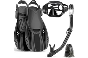 OTOWAVING Snorkel Set Adults with Flippers,Snorkel Mask with Adjustable Swim Fins,Dry Snorkel,Panoramic View Swimming Goggles Snorkelling Packages,Snorkeling Gear for Snorkeling Scuba Diving Swimming Travel
