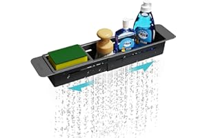 NiHome Ausziehbarer Spülbecken Organizer, teleskopischer Küchen Organizer mit rutschfesten Pads, verstellbares Schwamm- und Bürstenregal mit Abfluss, robuster ABS-Kunststoff, Schwarz