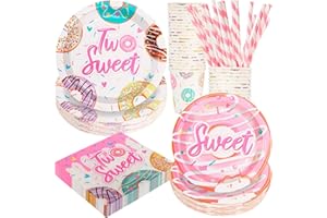 BOIKOKY Two Sweet Donut Geburtstagsparty-Dekorationen, 120 Stück Donut Themen 2. Geburtstag Donut Partygeschirr Einweg Und Entzückend Inklusive Pappteller, Servietten, Becher Und Strohhalme | für 24