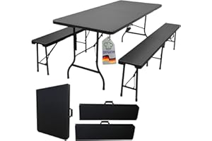CHEFGASTRO Bierzeltgarnitur klappbar 180cm breit 3-teilig 1x Buffettisch 2X Bierbänke mit Tragegriffe Rattan Optik Kunststoff wetterfest Gartenmöbel-Set Gartengarnitur Camping Klapptisch Gartentisch