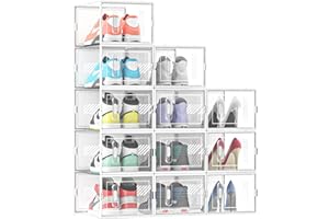 MYHMCT Shoe Storage Box, 12 pcs Shoe Box Clear Plastic Stackable, Shoe Organizer Containers with Lids for Women/Men, Fit up to UK 12, Transparent White