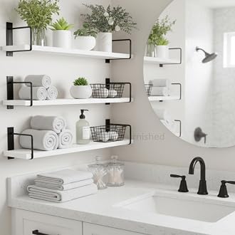 TrueFurnished Wall Shelf Mounted Bathroom Shelves Set of 3, White Rustic Wood Floating Shelves with Metal Brackets Storage Display Rack Toiletries Organizer Kitchen Bedroom Living Room 23.5"