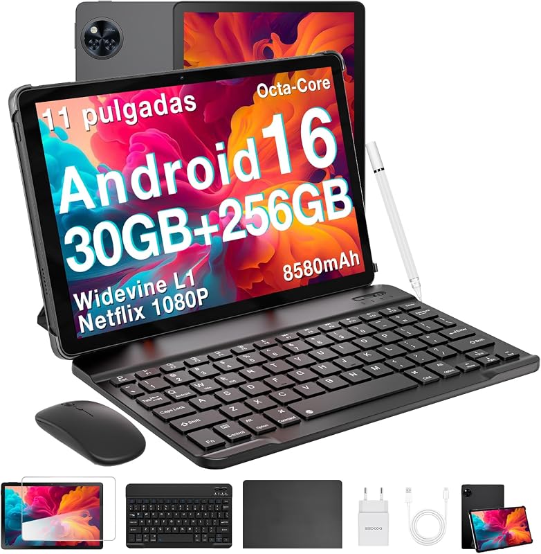 POPUX U11PRO Android 16 Tablet con Teclado con Gemini AI, 30GB+256GB/2TB TF Tablets 11 Pulgadas, T7200 Tablet Infantil, Batería 8580mAh/90Hz/WiFi 5/13MP+5MP Tablet con Lápiz, Ratón y Funda