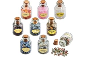 Lot de 9 petits flacons de pierres précieuses Aitelei - Naturelles - Morceaux de pierres de guérison - Flacons transparents - Pour le reiki, le wicca, la bijouterie, la décoration d'intérieur