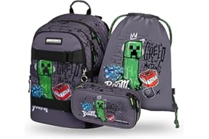 Baagl Schulrucksack Set Jungen Mädchen 3 Teilig, Schultasche ab 3. Klasse, Grundschule Ranzen mit Brustgurt, Ergonomischer Schulranzen