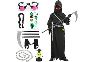 YADODO Sensenmann Kostüm Kinder Jungen 110-164 mit Sense Brille ketten Handschuhen Gruselig Halloween Kostüm Sensenmann Kinder Grim Reaper Scream Kostüm Kinder Schwarzer Umhang mit Kapuze Halloween