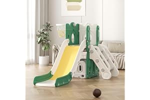 VUECER Tobogán para Niños Pequeños con Escalera: Zona de Juegos Interior y Exterior con Caja de Almacenamiento Túnel Escalera Aro de Baloncesto y Zona de Paso Tobogán de Jardín (Tower-I-Green)