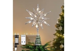 Lewondr Estrella para Árbol de Navidad, 11" Enchufable y Control Remoto Estrella de Copa Geométrica 3D Iluminada para Decoración Navideña, Función Temporizador y Cable 5m, Luz Cálida, Plata