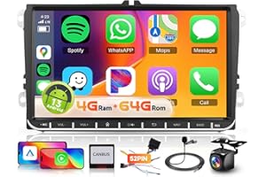 4G+64G for VW Polo Golf Passat SEAT MK5 MK6 Car Radio Stereo with DSP Carplay Android Auto, Hodozzy 9" HD Touch Screen Android Car Stereo Bluetooth 5.0 GPS WiFi FM/RDS Camera+52 pin Power Cable