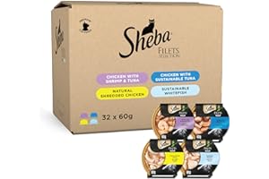 Sheba Fillet Assortments Wet Cat Food Mix of 4 Dome Chicken with Shrimp and Tuna, Natural Chicken Fillet, with Sustainable Tuna, and Sustainable Whitefish, Premium Wet Cat Food, 32 x 60g