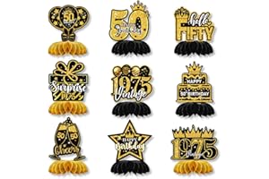 ZORVYN 9 Pezzi Decorazioni Tavolo Compleanno 50 Anni Centrotavola a Nido d'Ape, Addobbi per Uomo e Donna (Nero Oro)