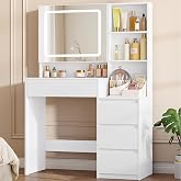 Hzuaneri Makeup Dressing Table with HD Mirror, LED Lights, White | Storage behind mirror, Right Side Sunken Design, 4 Drawers