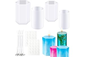Yayatty 4 PCS Moules à Bougies en Silicone pour Bougies Cylindriques Hexaèdre Moule Silicone pour Bougies avec Bougie Mèche pour Fabrication de Bougies