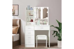 Umeiga Makeup Vanity with Lights and Stool, Vanity Mirror with Lights and Desk, Vanity Table Set with Lockable Drawers and Shelves for Girls Women (White)