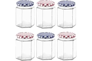 Eidoct Glass Jam Jars Set of 6, 280ml / 9oz Hexagonal Storage Glass Jars with Screw Top Red and Blue Gingham Lids, Clear Airtight Preserving Glass Jars for Marmalade, Chutney, Jam, Pickle