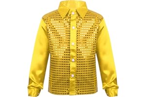 Jhaoyu Kids Boys Choir Latin Jazz Dance Stage Performance Long Sleeve Button Down Sequins Shirt Top
