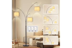 ‎DINGLILIGHTING Moderne Stehlampe für Zimmer: 3 Licht Tree dimmbare Stehlampen mit beigefarbenen Schirmen für Wohnzimmer - Bogen Stehlampes für Schlafzimmer - hohe Stehlampe für Büro Ecke Schwarz