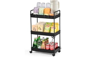FoiiLiio Rollwagen Küchewagen mit 3 Ebenen,Aufbewahrungswagen,Nischenregal,Nichenregal auf Rollen,Praktischer Handwagen für Küche,Waschräume,Badezimmer,Schwarz