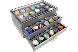 RENOPFECT Edelstein Vitrine Rock Sammelbox 54 Fächer, 3 Schubladen, Transparente Acryl Stein Sammelbox, Schmuckkästchen,Aufbewahrungsbox Für Kinder Aufbewahrungsbox Crystal Organizer,15,5 X 23,7 X 10,8 Cm