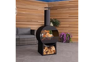CHARLES BENTLEY 129cm Outdoor, Garden, Patio, Black Powder Coated Steel Modern Patio Heater, Chimenea, Wood And Charcoal Burner, With Poker, Log Storage, Contemporary Design, In Black (129x55x40cm)