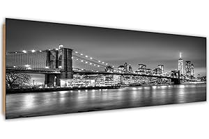 FEEBY FRAMES Feeby Cuadro Decorativo El Puente De Brooklyn Nueva York 118x40 cm 1 Pieza Modernos Imagen Decoración de Pared Salon Dormitorio Cocina Oficina Rascacielos Edificios Arquitectura Agua Negro Y Blanco