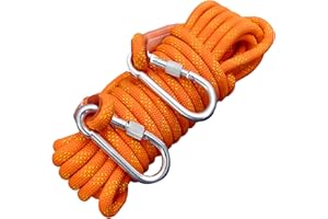 PRITOK Outdoor Climbing Rope with 2 Carabiner: 3/10 in (8mm) x 65 Ft (20Meter) Static Climbing Rope, Escape Rope, Multifunctional Cord for Rescue Escape Hiking Caving Fishing Outdoor Garden, Orange