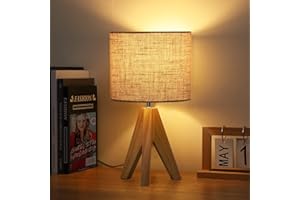 EDISHINE 36cm Wood Bedside Table Lamp, Tripod Desk Lamp with Beige Linen Lampshade, On-Off Switch, Desk Lamps for Reading, Bedroom, Living Room, Study, Office, E27 Base